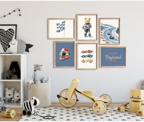 Nursery Race Car Wall Art Boys Room Canvas Wall Decor Vintage Nursery Prints Teddy Bear Poster Race Car Pictures Baby Boy Toddler Painting Artwork for Kids Bedroom Playroom 12x16 Inch Framed 6Pcs - Image 6