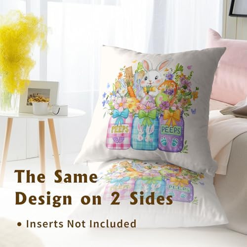 Sweetshow Easter Bunny Carrots Throw Pillow Covers 22X22 Inches Set of 2 Spring Colorful Flowers Mason Jar Pillowcase Soft Cotton Square Seasonal Cushion Covers for Living Room Sofa Bedroom Decor - Image 5