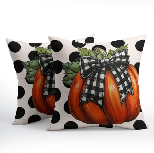Fall Pumpkin Pillow Covers 24x24 Set of 2 Vintage Orange Buffalo Plaid Bow Polak Dot Outdoor Throw Pillows Covers Autumn Thanksgiving Decorative Farmhouse Cushion Case for Living Room Couch Sofa - Image 2