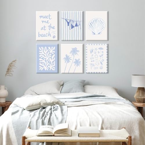 Blue Coastal Wall Art Decor Beach Preppy Canvas Poster Coastal Granddaughter Prints Aesthetic Beachy Picture Summer Bikini Coast Artwork Ocean Shell Painting for Girly Dorm 12x16x6 Inch Ready to Hang - Image 5