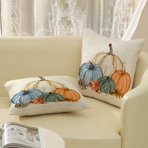 Fall Pillow Covers 18x18 Set of 2 Watercolor White Orange Blue Green Pumpkin Pillow Cases Outdoor Fall Decoration Throw Pillows Holiday Autumn Thanksgiving Cushion Case for Couch Home Decor - Image 5