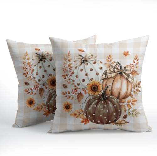 Fall Thanksgiving Pillow Covers 18x18 Set of 2 Autumn Pumpkin Maple Leaves Dot Floral Outdoor Throw Pillows Covers Orange Cream Plaid Bow Decorative Farmhouse Cushion Case for Living Room Couch Sofa - Image 2