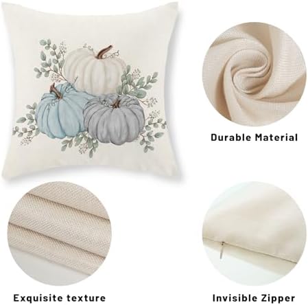 Fall Pillow Covers 18x18 Set of 2 Watercolor Blue White Pumpkin Pillow Cases Autumn Harvest Outdoor Fall Decoration Throw Pillows Linen Thanksgiving Cushion Case for Couch Sofa Home Decor - Image 7