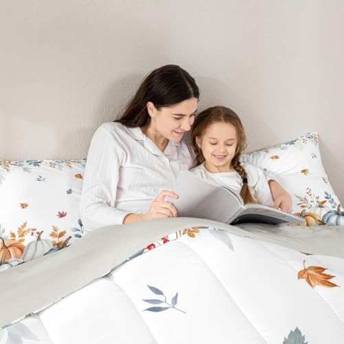 Erosebridal Fall Pumpkin Bedding Full,Autumn Maple Leaves Comforter Set Watercolor Pumpkins Eucalyptus Bed Sets Harvest Thanksgiving Farmhouse Duvet Insert 3 Pieces - Image 6