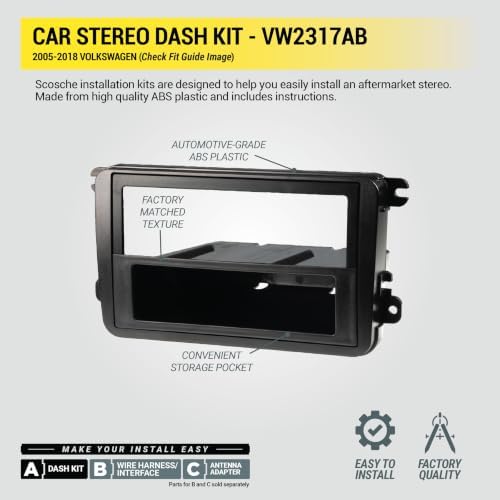 Scosche VW2317AB Double DIN or Single DIN + Pocket Radio Install Dash Kit Compatible with Select 2005-18 Volkswagen Vehicles - Aftermarket Car Stereo Installation - See Guide in Images for Vehicle Fit