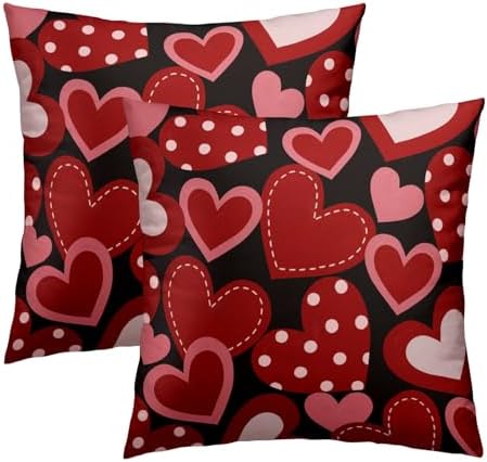 Valentine's Day Throw Pillow Covers 16X16 Inches Set of 2 Red Heart Black Pillowcase Soft Cotton Square Cushion Covers for Anniversary Wedding Home Sofa Bedroom Decoration by Sweetshow