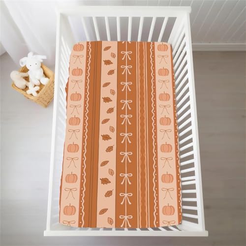 Orange Pumpkins Bows Stripes Baby Crib Sheets for Boy Girl Fall Autumn Leaves Soft Snug Fitted Crib Mattress Covers for 52''x28'' Standard Crib & Toddler Mattress Thanksgiving Harvest Baby Bed Sheets - Image 6