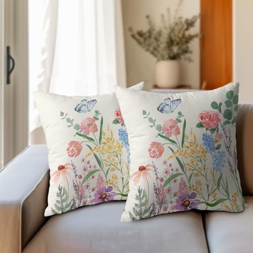 Spring Pillow Covers 24x24 Set of 2 Floral Throw Pillow Covers Rustic Flower Pillowcase Linen Decoration Farmhouse Soft Decorative Pink Blue Cushion Case Couch for Indoor Outdoor Home Decor - Image 3