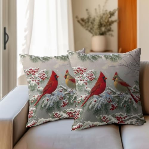 Winter Throw Pillow Covers 22x22 Set of 2 Red Cardinal Bird Snow Berries - Image 4