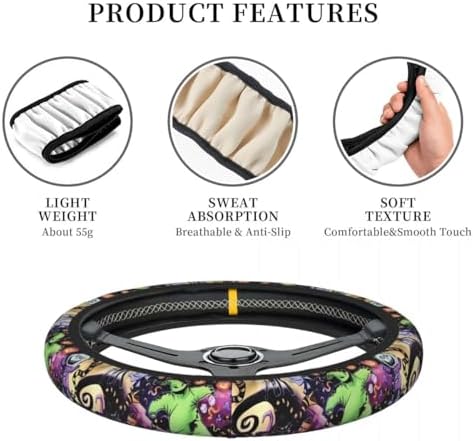 Halloween Jack and Sally Horror Nightmare Christmas Steering Wheel Cover for Women, Neoprene Anti-Slip Universal 15 inch Car Steering Wheel, Anime Car Accessories for Vehicle SUV (Xmas 2)