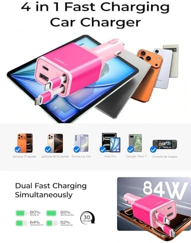 LISEN Retractable Car Charger, Pink-White