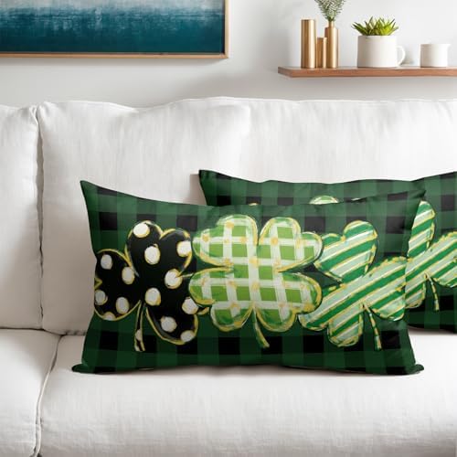 St Patricks Day Pillow Covers 12x20 Set of 2 Shamrock Clover Dark Green Throw Pillow Covers Spring Pillowcase Linen Farmhouse Decorative Buffalo Plaid Cushion Case Couch for Indoor Home Decor - Image 2