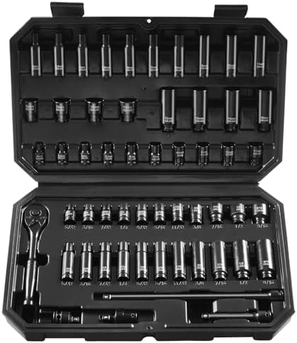 VEVOR Impact Socket Set 1/4" Drive, 55-Piece Deep & Shallow Socket Set Standard SAE (5/32 to 9/16 inch) & Metric (4 to 15 mm) Size, 6 Point, CR-V, Extension Bar, Universal Joint, Reducer by VEVOR
