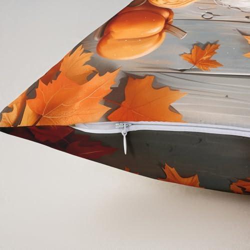 Manfei Fall Gnome Throw 16"x16" Pillow Covers 2 Pack,Autumn Orange Maple Leaves Pumpkin Double Sides Print Cushion Covers,Rustic Farmhouse Wooden Plank Retro Square Couch Pillow Covers - Image 5