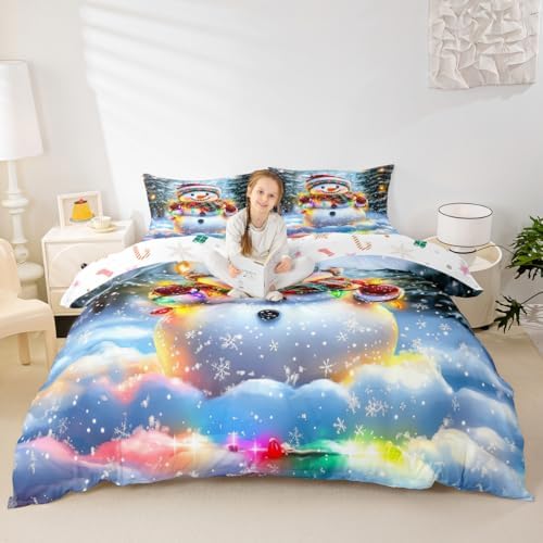 Manfei Lovely Snowman Kids Duvet Cover Set Full Size,Xmas Colorful Lanterns Snowflake Girls Boys Bedding Set,Winter Merry Christmas Room Decor,Rainbow Quilt Cover,2 Pillowcases(No Comforter) - Image 3