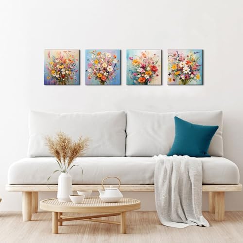 Colorful Flower Pictures Wall Decor Abstract Floral Wall Art for Bedroom Watercolor Poppy Daisy Posters Pink Flowers Painting Nature Bouquet Canvas Prints Artwork Living Room Home Decoration 12x12” 4P - Image 5