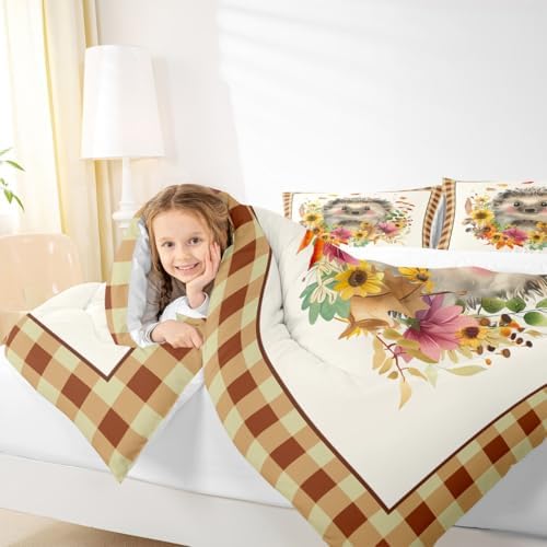 Homewish Cute Hedgehog Sunflower Comforter Set Queen Size,Fall Pumpkin Grid Bedding 3pcs for Kids Teens Adults Room Decor,Rustic Farmhouse Plants Quilt Halloween Style Duvet Insert,Yellow Fall06 - Image 3