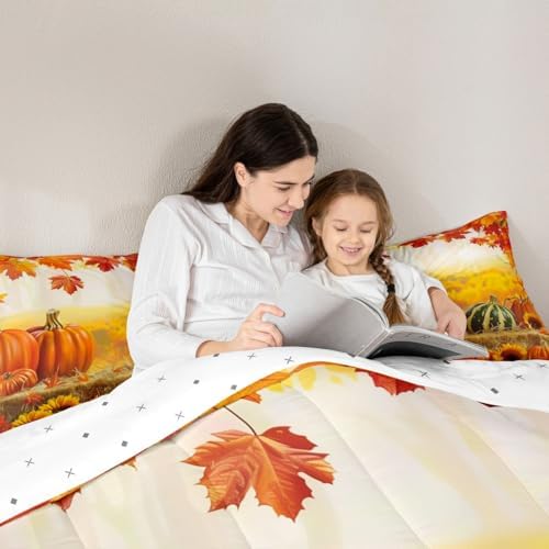 Feelyou Fall Bedding Set for Girls Boys Kids Toddler Size Maple Leaves Pumpkin Comforter Cover Room Decor Daisy Botanical Floral Printed Duvet Cover Beige Orange Yellow Quilt Set - Image 5
