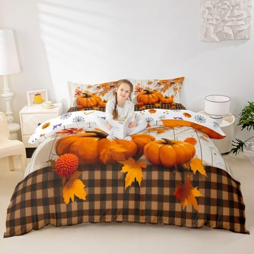 Erosebridal Fall Pumpkin Harvest Duvet Cover Twin Size, Country Cottage Decor Comforter Cover for Kids Teens Adult Bedroom, Brown Plaid Bedding Set Rustic Maple Autumn Leaves Bedspread Cover by Erosebridal