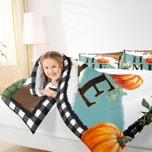 Homewish Fall Pumpkin Comforter Set Twin Size Rustic Farm Botanical Bedding Set 2pcs Kids Girls Women Boys Bedroom Decor Colorful Stripes Graffiti Quilt Set Black White Grid Duvet Insert,1 Pillowcase - Image 3