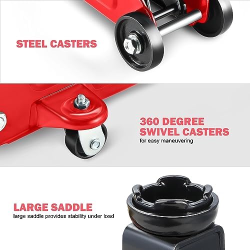 DNA Motoring 1.5 Ton Car Floor Jack Low Profile Hydraulic Trolley Service/Floor Jack, 1.5T / 3000 lbs Capacity, Lifting Range 5.3 Inch -12 Inch, with Storage Case, Red, TOOLS-00326 - Image 3