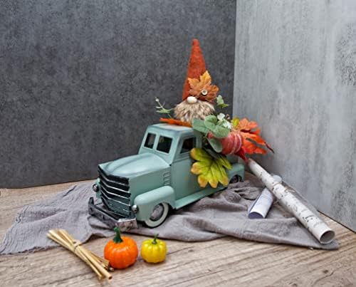 Vintage Turquoise Metal Truck with Gnomes Pumpkin Maple Leaf Farmhouse Table Top Fall Decor, Autumn Themed Thanksgiving Old Pickup Truck Decorations for Home Table Shelf, 12 inch - Image 7