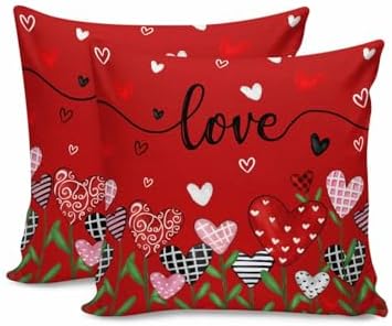 Valentines Day Heart Floral Pillow Covers 18x18 Inch Set of 2, Love Flower Field Decorations Outdoor Throw Pillow Covers, Holiday Linen Square Pillowcases for Sofa Couch Bedroom Patio Decorative by JasmineM