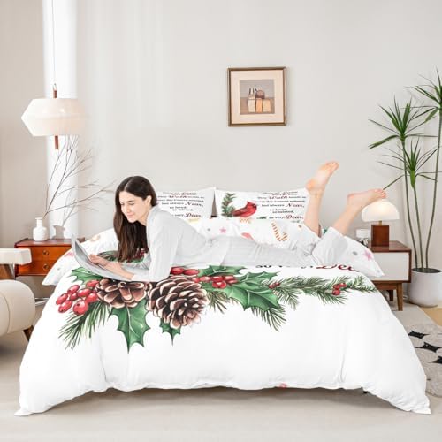 Manfei Red Cardinal Kids Bedding Set King Size,Christmas Birds Holly Pinecones Duvet Cover Set，Berries Poinsettia Rustic Animal Room Decor,White Red Green Quilt Cover,2 Pillowcases(No Comforter) - Image 2