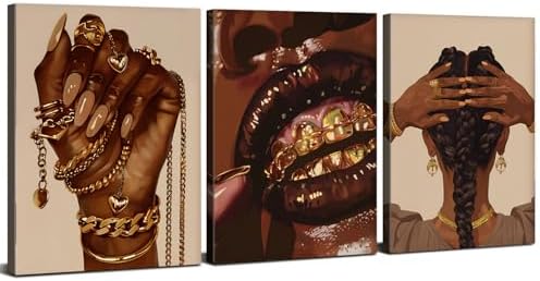 Black Girl Canvas Wall Art Living Room Modern Abstract Gold Jewelry Accessories Canvas Painting African Female Framed Artwork Woman Room Decor Living Room Bathroom Fashion Home Decorations 16x24 3Pcs by sunfrower