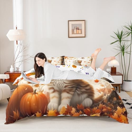 Erosebridal Kids Cat King Size Comforter Cover, Fall Harvest Bedding Set for Girls Boys Teens Room Decor, Autumn Fall Maple Leaf Duvet Cover Bird Rustic Farmhouse Bed Cover with 2 Pillow Cases - Image 3
