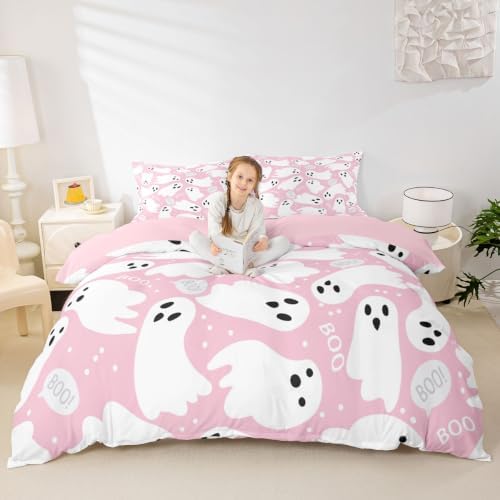 Feelyou Pink Halloween Duvet Cover King Size Cartoon Pink Ghost Bedding Set for Kids Boys Girls Kawaii Cute Comforter Cover Set Microfiber Bedspread Cover Bedroom Bedclothes - Image 3