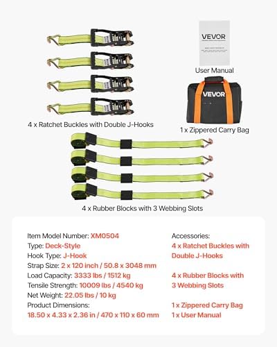 VEVOR Wheel Chock Tie-Down Kit, Deck-Style Trailer Tie Down Strap, Car Tie Down Kit with J-Hook, Break Strength 10009 lbs & Working Load 3333 lbs Motorcycle System for SUVs, Trailers, Trucks