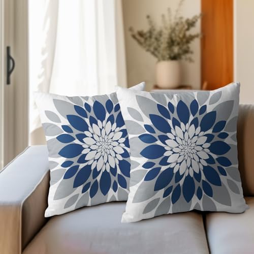 Blue Grey Dahlia Pillow Covers 22x22 Set of 2 Navy Blue Floral Throw Pillow Covers Natural Pillowcase Linen Decoration Farmhouse Soft Decorative Flower Cushion Case Couch for Indoor Outdoor Home Decor - Image 3