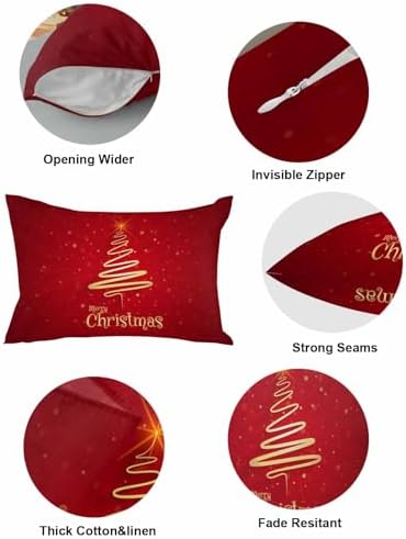JasmineM Merry Christmas Tree Pillow Covers 12x20 Inch Set of 2, Christmas Decorations Red Gold Outdoor Throw Pillow Covers, Winter Holiday Square Pillowcases for Patio Sofa Couch Bedroom Decorative - Image 5