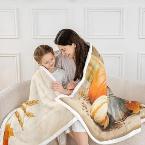 Fall Harvest Throw Blanket Farm Pumpkin Wheat Fleece Flannel Blankets Kids Boys Girls Room Decor Country Maple Leaf Bed Blankets for Bed Sofa Couch Orange Yellow Silvery Plush Blanket Baby 30"x40" - Image 2