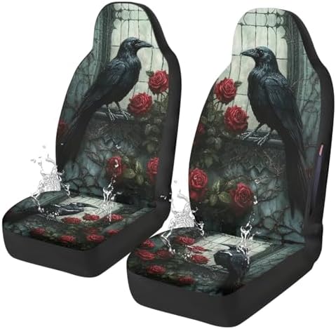 Bulopur Crow Car Seat Covers Full Set 2 Pack Waterproof Front Auto Seat Covers for Car Bucket Seats Side Air Bag Compatible Auto Interior Protector Universal for Most Cars SUV Truck