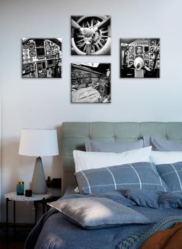 Vintage Airplane Canvas Wall Art, B&W Cockpit Print 12×12 Inch, 4 Panel Set - Image 5