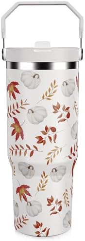 30oz Fall Tumbler with Handle and Flip Straw, Fall Gifts for Women, Reusable Stainless Steel Pumpkin Tumbler, Insulated Leak Proof Travel Coffee Mug by HOWSEESNOW