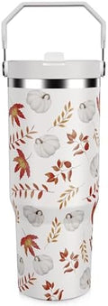 30oz Fall Tumbler with Handle and Flip Straw, Fall Gifts for Women, Reusable Stainless Steel Pumpkin Tumbler, Insulated Leak Proof Travel Coffee Mug by HOWSEESNOW