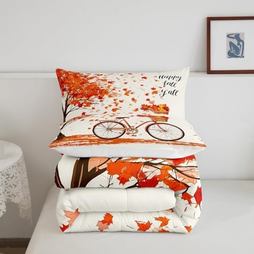 Homewish Rustic Farmhouse Bike Comforter Set Full Size,Orange Maple Leaves Bedding 3pcs for Kids Boys Girls Room Decor,Happy Fall Y'all Quilted Duvet Romantic Autumn Plants Bedspread,2 Pillowcases - Image 6