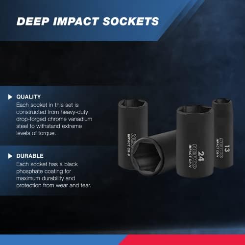 Neiko 02475A 1/2" Drive Deep Impact Socket Set, 14 Piece | 6 Point Metric Sizes (11-32 mm) | Cr-V Steel - Image 2