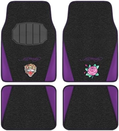 ED HARDY Tiger Print Car Floor Mats, Carpet Floor Mats with Purple Leather Design, Automotive Car Mats with Built-in Heel Pad & Anti-Slip Backing, Fits Most Cars, SUVs & Trucks, Durable & Odorless