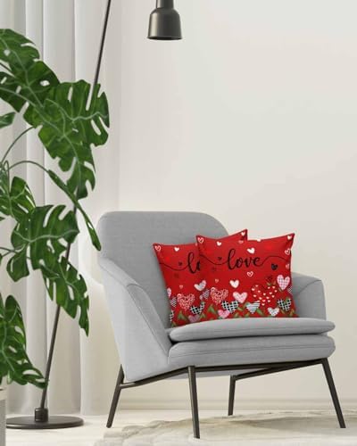 Valentines Day Heart Floral Pillow Covers 18x18 Inch Set of 2, Love Flower Field Decorations Outdoor Throw Pillow Covers, Holiday Linen Square Pillowcases for Sofa Couch Bedroom Patio Decorative - Image 4