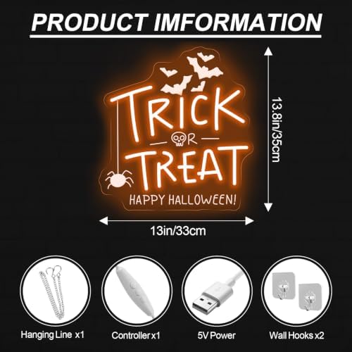 Trick Or Treat Neon Sign, Halloween Neon Light Sign with Bat, 13.8"x13" - Image 2