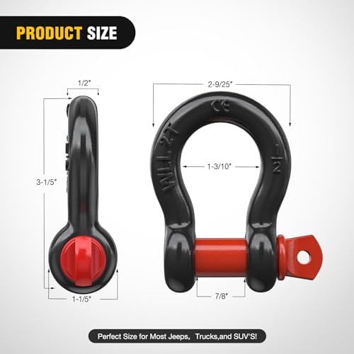 Nilight 4 PCS Small 1/2" D-Ring Shackles | 2 Ton (4409 lbs) Capacity Heavy Duty Off-Road Recovery Shackle Kit for Cars and Other Applications for Tie Downs Towing Black & red