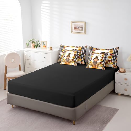 Fall Gnome Queen Comforter Set 7 Pieces Bed in a Bag Autumn Maple Leaves Bedding Comforter Sets,Thanksgiving Pumpkin Santa Dwarf Comforter with Fitted Sheets,Flat Sheets,Pillowcases & Shams - Image 5