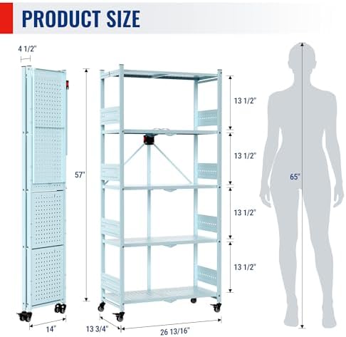 WORKPRO 5-Tier Folding Shelf, No-Assembly Metal Storage Rack with Wheels, 750 lbs Capacity (with Leveling Feet), Collapsible Shelving Unit for Kitchen, Pantry, Closet & Craft Shows - Blue - Image 3