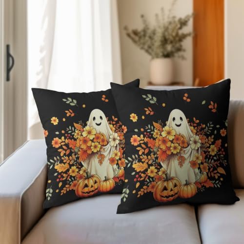 Halloween Ghost Throw Pillow Covers 16x16 Set of 2 Orange Floral Leaves Spooky Pumpkin Pillow Covers Black Autumn Flower Leaf Cute Pillowcase for Kitchen Sofa Cushion Outdoor Bedroom Decoration - Image 3