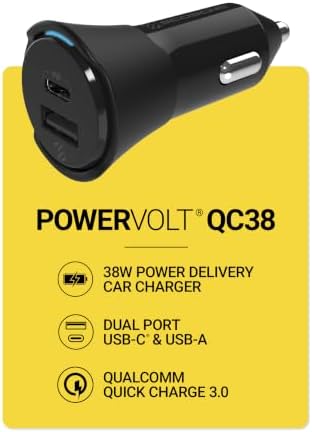 Scosche CPDCA38 38W USB-C Cigarette Lighter Adapter, Dual Car Charger with USB-A and USBC Fast Charging Port Compatible with iPhone 16/15/14/13/12, Samsung Galaxy S25/S24/S23 & Type-C Android Devices