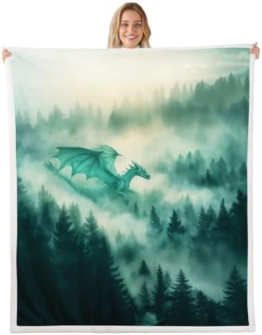 Flying Dragon Throw Blanket Misty Mountain Jungle Fleece Flannel Blankets Kids Boys Girls Room Decor Ancient Mysterious Animal Bed Blankets for Bed Sofa Couch Dark Green Plush Blanket Queen 90"x90" by CastleFairy
